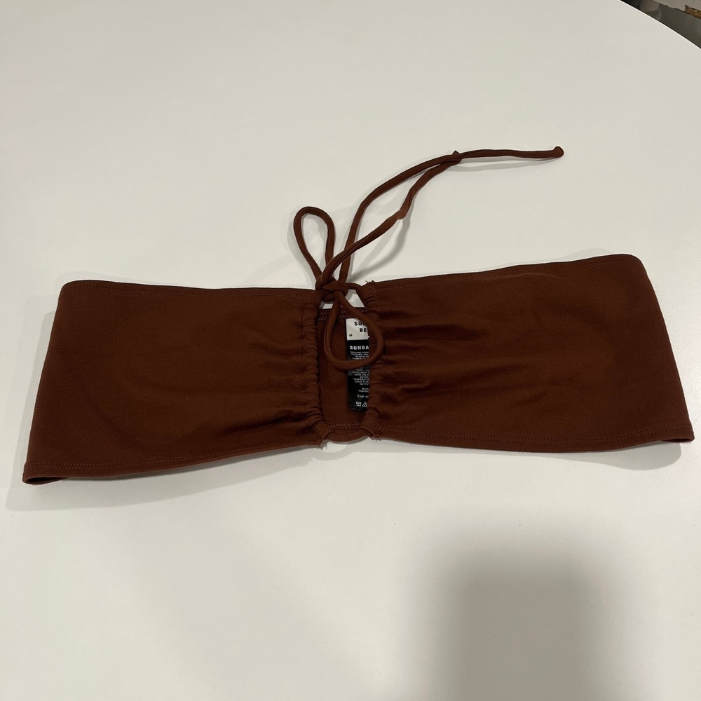 Sunday Best‎ Tube Top Brown Ruched Tie Front Cropped Sleeveless Womens